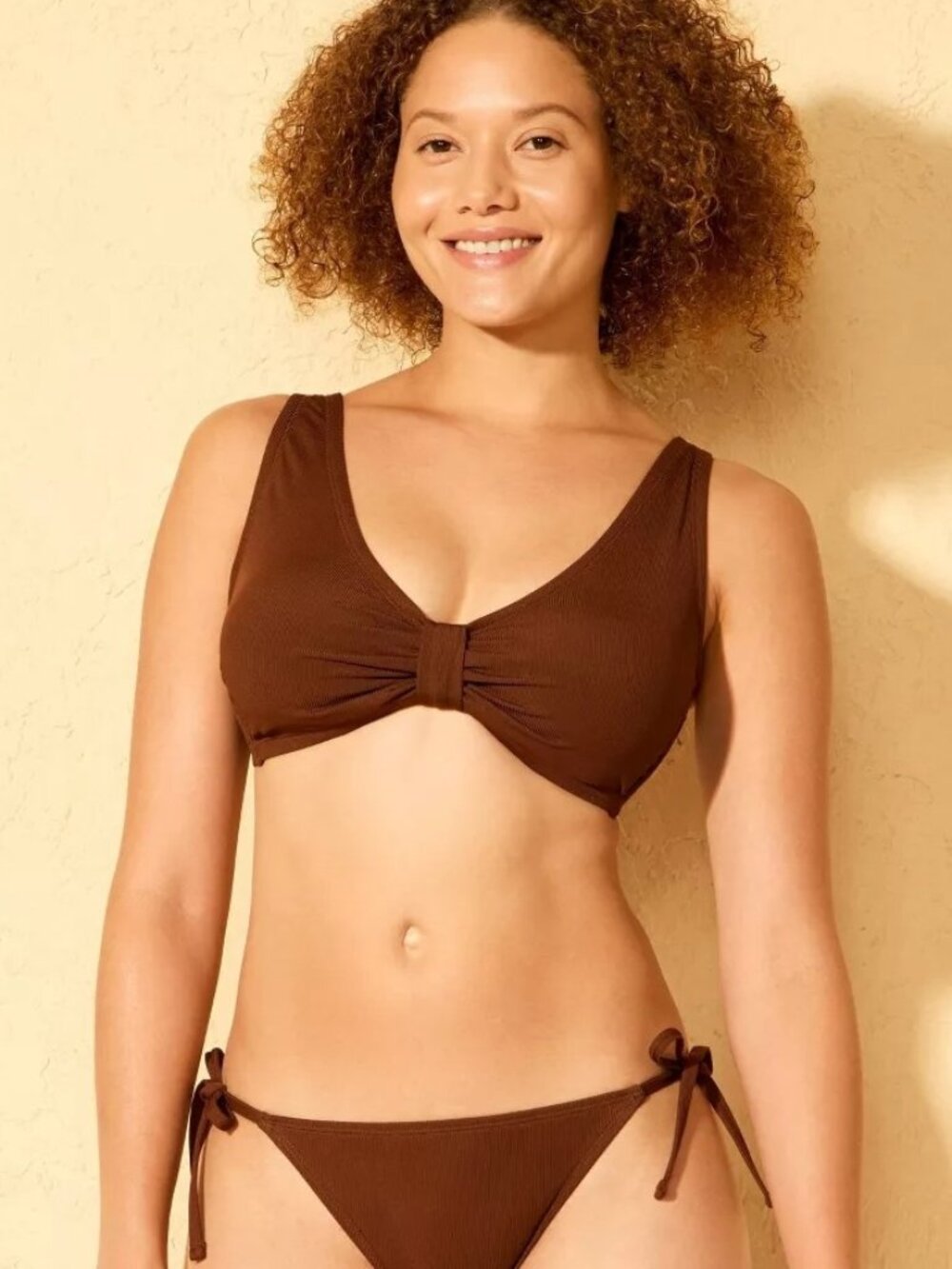 NEW Shade & Shore Ribbed Tab-Front Bralette Bikini Top - Brown - D/DD